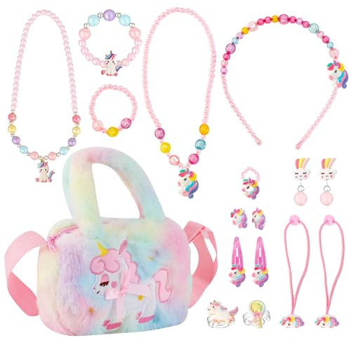 DALAETUS 17 Piezas Bolso Unicornio con Juego de Joyas Niñas Set, Unicornio Collar Pulsera Anillo Pendientes, Juguetes Niña, Fiesta Accesorios Regalos para Niñas