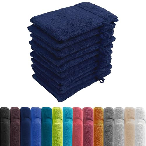 Zestri Frottier Waschhandschuh 10er-Set | Waschlappen Navy Blau | 100% Baumwolle 500g/m² | Öko-Tex Standard 100