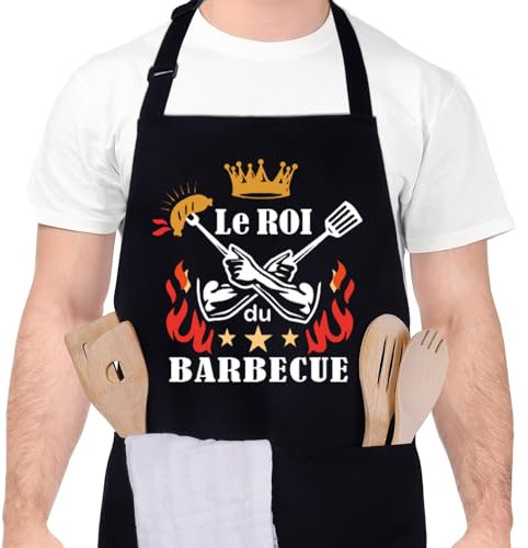 Halinuia Tablier Barbecue Homme, Tablier de Cuisine pour Homme, Réglable Étanche Noir Tablier BBQ personnalisé pour Barbecue Fête, Fête des Pères, Anniversaire, Noël (Le ROI du BARBECUE)