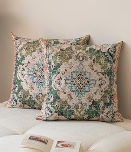 Vorysum 2er Set Kissenbezug 50x50 cm Grün Boho Kissenbezüge Abstrakte Deko Kissen Vintage Kissenhülle Doppelseitiges Muster Dekorative Samt Kissen für Garten Sofa Bett Kissenhüllen