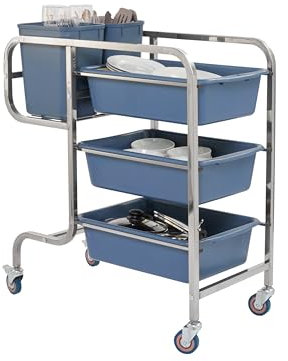 Stainless Steel Bussing Trolley, Sturdy 3 Tier Commercial Catering Cart with x3 Grey Trays & x2 Grey Tubs on Swivel Braked Castor Wheels