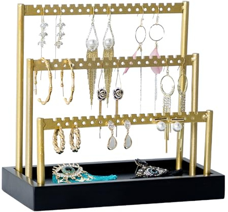 SANY DAYO HOME 3-Tier Earring Holder Organizer Stand, 105 Holes Gold Metal Earring Rack Jewelry Display Tree with Black Wood Tray for Women and Girls
