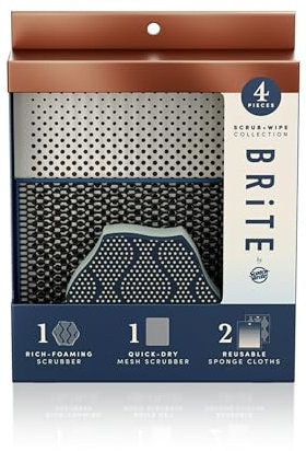 Brite by Scotch-Brite Limited Edition 4-Piece Scrub and Wipe Collection with 1 Rich-Foaming Dish Scrubber, 1 Quick-Dry Mesh Scrubber, and 2 Reusable Sponge Cloths