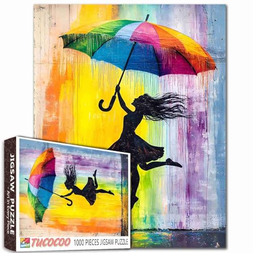 Tucocoo 1000 Pieces Jigsaw Puzzles for Adults Joyfully Girl Street Art Jigsaw Puzzle Rainbow Umbrella Art Puzzles for Challenging Family Activity Game Colorful DIY Crafts Puzzle Wall Decor Gifts