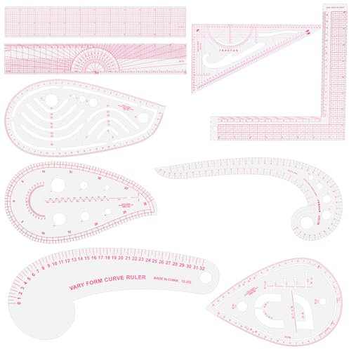 TIESOME Schneiderlineal Set, 9 Stück Nählineal Kurvenlineal, Kunststoff Lineal Nähen für Schneidern, Musterdesign, DIY Kleidung, Transparent