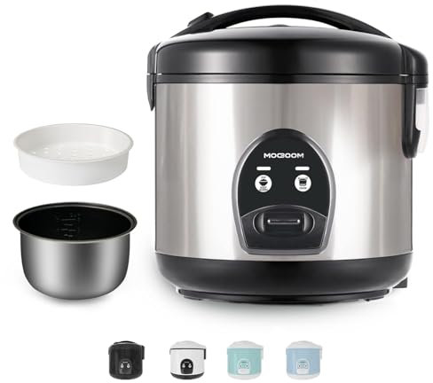 MOOSUM Reiskocher mit Keramikbeschichtung - 1,8L große Kapazität - Für 2-10 Personen - inkl. Dampfgarer -Einsatz - Warmhaltefunktion, Reislöffel & Messbecher - Silbern