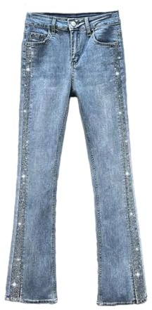 Jeans acampanados para mujer, cintura alta, elásticos, de algodón, elásticos, ajustados, con diamantes de imitación, azul, M