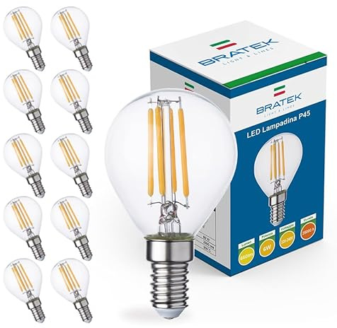 Bratek 10 Lampadine Led E14 Luce Naturale Vintage 4000k 6W 660 Lumen - Lampadina Vintage Attacco Piccolo e14 Filamento Led - Sferetta Trasparente Equivalente 75W a Incandescenza o 60w Alogena