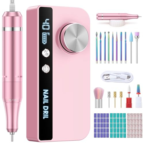 Heypappy Fresa per Unghie, Fresa per Unghie Elettrica Ricaricabile 40000 RPM,16 Accessori con Schermo LED,Kit Manicure e Pedicure Velocità Regolabile per Casa e Uso Professionale (Rosa)