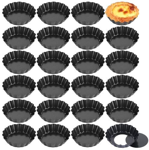 LOLYSIC 24 mini latas para tartaletas, lata pequeña de 3 pulgadas, mini latas antiadherentes para flan con parte inferior extraíble, molde individual de acero al carbono para tartas, molde de tarta de
