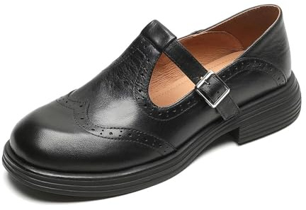 Zapatos ortopédicos Mary Jane, tacón grueso, correa en T, retro, punta de ala, puntera redonda, elegante, oficina de negocios, Oxfords con hebilla ajustable, Black, 37 EU