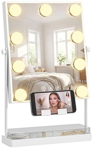 HOMCOM Hollywood Espejo de Maquillaje con Luz, Espejo de Tocador Giratorio con 9 Bombillas LED, 3 Colores, Interruptor Táctil, Soporte para Teléfono y Bandeja Blanco