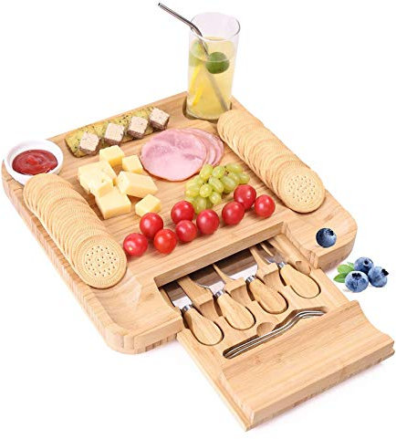 Juego De Cuchillos Y Tabla De Queso De Bambú, Bandeja Para Charcuterie Y Queso Con Cajón Deslizante Para Cuchillos, Regalo Ideal Para Navidad, Cumpleaños O Fiesta, 33 X 33 X 4 C