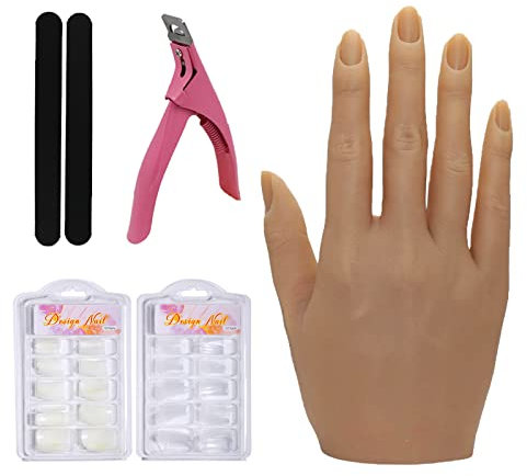 Silicone Femme Modèle de Pratique, Formation des Ongles des Mains Faux Ongles Pratique à La Main Nail Art Mains et Doigts d'Entraînement avec 200 pièces d'Ongles Artificiels et 2 pièces Lime à Ongles