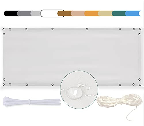 MEEYI Balkon Sichtschutz Balkon 110x350cm seitenmarkise Balkonabdeckung Balkonverkleidung Wind-und UV-Schutz Wetterfest mit Kabelbinder Ösen Seil, für Balkongeländer, Terrasse & Garten Weiß