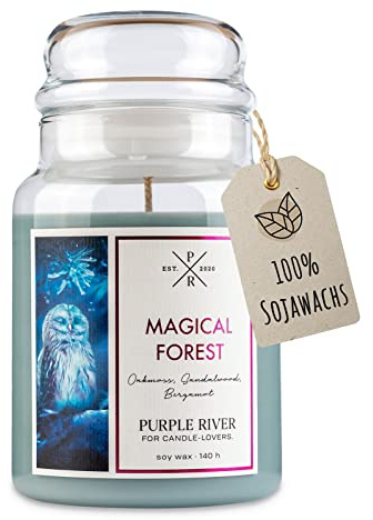 Purple River Große Duftkerze im Glas mit Deckel | Magical Forest | Duftkerze Sandelholz | Kerzen lange Brenndauer | Sojawachskerze | Raumduft für Zuhause