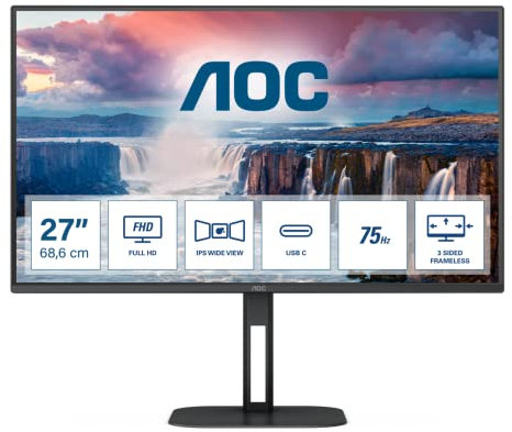 AOC 27V5CE - 27 Inch FHD Monitor, 75Hz, IPS, 1ms, USB-C Docking, 65W power output, USB HUB, Height Adjust, Speakers, Flicker Free (1920 x 1080 @75Hz, 300 cd/m² , HDMI 1.4 / USB-C 3.2 DP alt mode)
