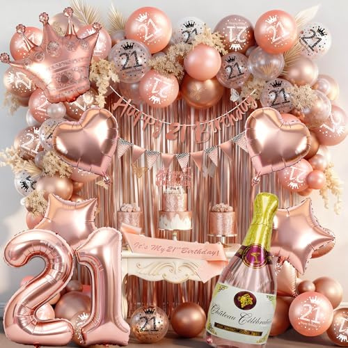Rose Gold 21st Birthday Decoration for Her - Happy 21st Birthday Banner, Triangle Flag Banner, Number 21 Balloons, Foil Curtains for Party Decorations
