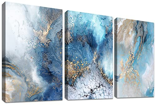 3 Pcs Stampa su tela con cornice Oceano verde acqua d'oro Quadri su tela Onde Astratte Quadri Moderni Poster da parete Camera da letto Soggiorno Decorazioni Pronto da appendere 50x70cm x 3pcs
