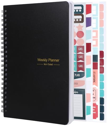 Weekly Planner Notebook, A5 Undated Diary 52-Week To Do List, Black | Double Spiral Binding, PVC Cover, with Habit Tracker, Smooth Paper, Portable A5 Size, for School, Work and Daily Planning