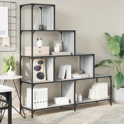 Natulvd 4 Tier Ladder Bookshelf, Open Shelf Bookcase - 149cm H Freestanding Display Storage Cabinet Organizer with 6 Cubes for Bedroom, Living Room, Office (Grey Oak)