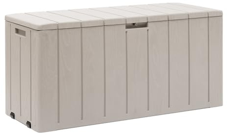 Toomax Multibox Bravo 270L, baule portattrezzi 117,5x45x56h cm, effetto legno colore grigio tortora, in plastica robusta, resistente ai raggi UV, dotato di foro per lucchetto, per esterni