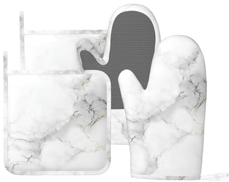 Set di 4 presine da cucina in silicone resistente al calore per cucinare, grigliare, barbecue, con motivo marmo bianco e grigio