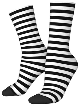 Poream Black And White Stripe Funny Novelty Crew Socks For Men Women,Athletic Sport Casual Socks