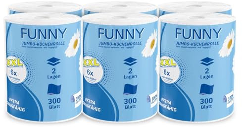 Funny Jumbo-Küchenrolle XXL | 2-lagig, 100% saugstarker Zellstoff, 300 Blatt/Rolle | Vorteilspack mit 6 Rollen | mit Tragegriff, 22,4 x 21 cm | Ideal für Küche, Bad & Haushalt!