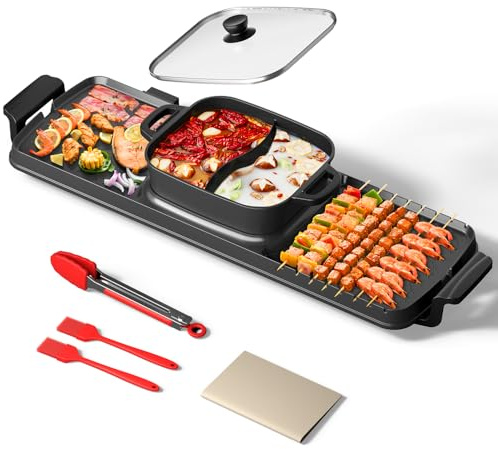 AORAN Smokeless Electric Hot Pot & Grill Combo, Large 9.5x29 Non-Stick Design, 3 Adjustable Heat Levels, Easy to Clean，Includes Brushes, Tongs & Paper