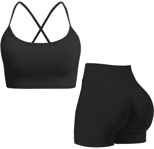 Gym Workout Sets for Women 2 Piece Seamless Strappy Crisscross Sports Bra Hidden Scrunch Shorts Yoga Outfits Activewear Tracksuits