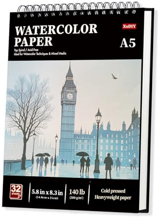 A5 Watercolour Paper Pad, 32 Sheets (64 Pages), 300GSM(140LB) Cold-Press, Natural White, Spiral-Bound A5 Sketchbook, Drawing Pad, Mixed Media Paper, –Suitable for Beginners, Artists & Professionals