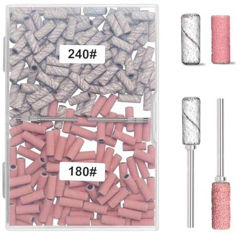 200 st små slipband för nagelborr med 2 st 3,1 mm dorn bit, 180# 240# grovt fint korn minislipband, för naturliga naglar, akryl, gelmanikyr och pedikyr