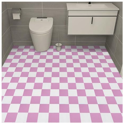 Vinylbodenrolle, kariert, PVC-Flieseneffekt, zum Abziehen und Aufkleben, 5 m x 60 cm, rutschfeste Bodenbelag-Aufkleber für Badezimmer, Küche, Wohnzimmer, Weiß / Rosa