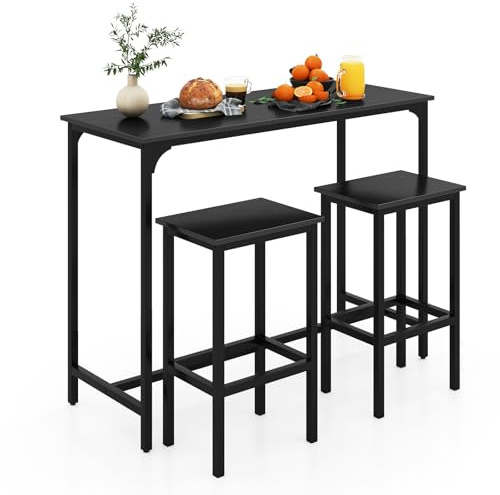 RELAX4LIFE Set Tavolo da Bar e Sedie, Tavolo da Pub Rettangolare 120 cm con 2 Sgabelli, Set Tavolo Alto da Colazione con Struttura in Metallo e Poggiapiedi, per Sala da Pranzo Cucina (Nero)