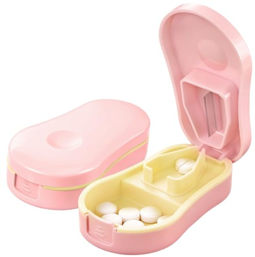 Pill Cutter Splitter for Small and Tiny Pills - Premium Silicone Precision Pill Splitter - Designed for Swallowing Difficulties & Pets. Nonslip Pad. Wrap-Around Blade Guard. Back Storage (Pink)