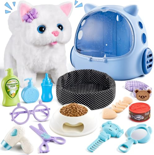 VEEVIFUN Jouet Chat Interactif pour Fille,Chat Robot avec Marche,Chat en Peluche Interactive aux Jouets Filles 4 5 6 Ans,Idéas de Cadeau d'anniversaire pour Les Filles âGéEs de 3 4 5 6 7 Ans