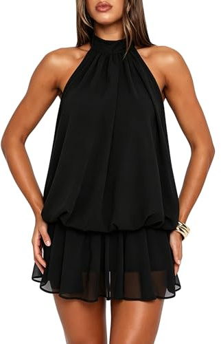Coloquin Womens Cute Halter Chiffon Mini Dress Flowy Ruffle Backless Y2k Party Going Out Short Dresses