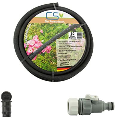 30m CS Perlschlauch Premium mit Durchflussreduziertem Regulierventil und Endstopfen für die Gartenbewässerung mit bis zu 70% Wasserersparnis