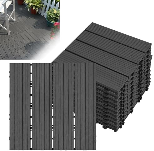 Froadp WPC Revêtement de sol Extérieur, 30x30cm Dalles de Terrasse Set, Carreaux de Jardin Imperméable avec Système de Drainage, Carrelage Clipsable Antidérapants pour Balcon(1m², Anthracite)