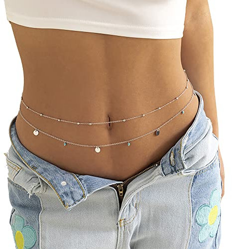 Taillenkette Paillette Quaste Bauchkette Hüftkette Taille Kette Gürtelkette Damen Körperkette Sexy Bikini Strand Körper Bauch Körperkette Schmuck Geschenke für Frauen Silber