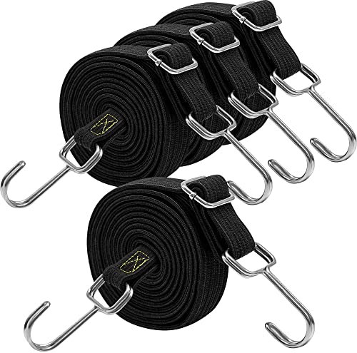 Verstellbar Spanngummi mit Haken, Expander mit Metallhaken 4er Set, 200cm Flach Gepäckspanner Schwarz Gummiseil, Extra Stark Gummispanner Gummibänder für Sonnensegel, Garten, Fahrrad, Auto, Tarp