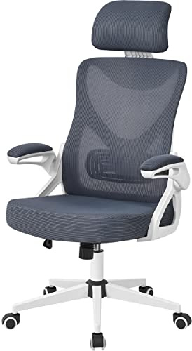 Abician Fauteuil de Bureau Ergonomique Chaise de Bureau en Maille à Haut Dossier avec Accoudoirs Relevables Appui-tête Support Lombaire Assise Réglable en Hauteur Blanc/Gris