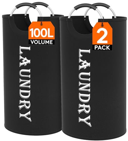 Lifewit 100L 2-Pack Large Laundry Basket, Collapsible Laundry Hamper with Aluminum Handles, Waterproof Freestanding Dirty Clothes Hampers for Laundry Room Bedroom Dorm Bathroom, Black