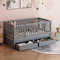Montessori Kinderbett Bodenbett 90x200, Babybett Gitterbett mit 2 Schubladen & Tür, Bettgestell mit Rausfallschutz & Lattenrost, Multifunktionsbett umbaubar in zwei getrennte Betten, Massivholz, Grau