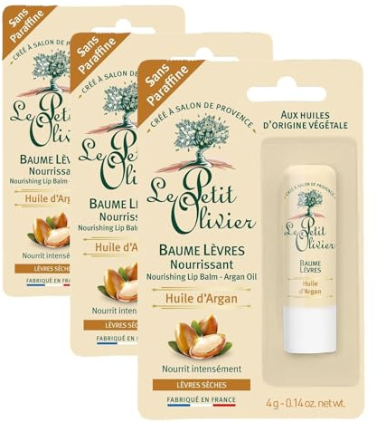 LE PETIT OLIVIER - Baume Lèvres Nourrissant - Huile d'Argan - Nourrit & Assouplit - Lèvres Sèches - Huiles 100% D'Origine Végétale - Fabriqué en France - 4 g (Lot de 3)