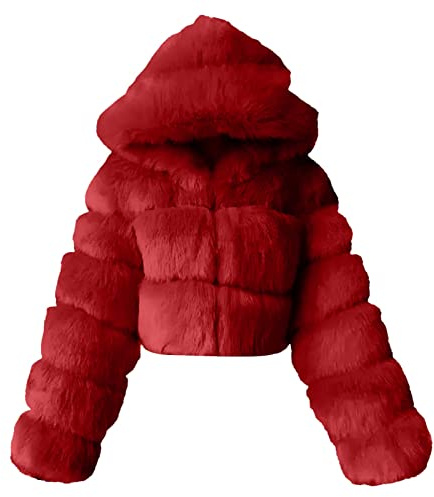 Generisch, Giacca da donna con cappuccio in pelliccia sintetica, elegante, con pelliccia sintetica calda, cappotto patchwork alla moda, giacca corta in pelliccia sintetica, inverno caldo, pelliccia