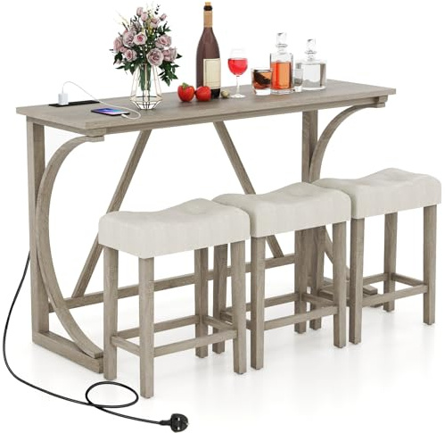 COSTWAY 4 Piece Bar Table Set with Power Outlet, Counter Height Kitchen Table and 3 Upholstered Saddle Stools Set, Dining Room Furniture for Home Restaurant Pub
