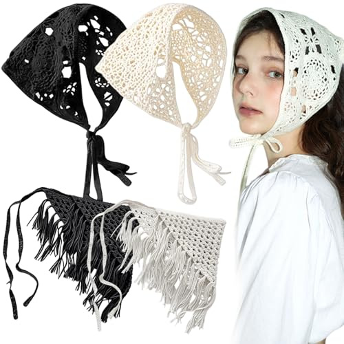 Ainvhh 4 PCS Crochet Bandanas Vintage Knotted Headscarf Women's Knitted Triangle Hair Bandana Travel Photo Headband Lace Hair Scarf Tie-Back Head Coverings Turban Accessorie for Girls Women