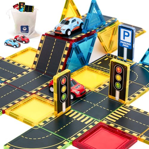 hahaland Costruzione Magnetiche 3-5 anni, Tessere Magnetiche Costruzione Bambino 38 pezzi, Blocchi Magnetici Strada Città con 2 Macchinine, Regalo Bimbo 3 4 5 6 anni